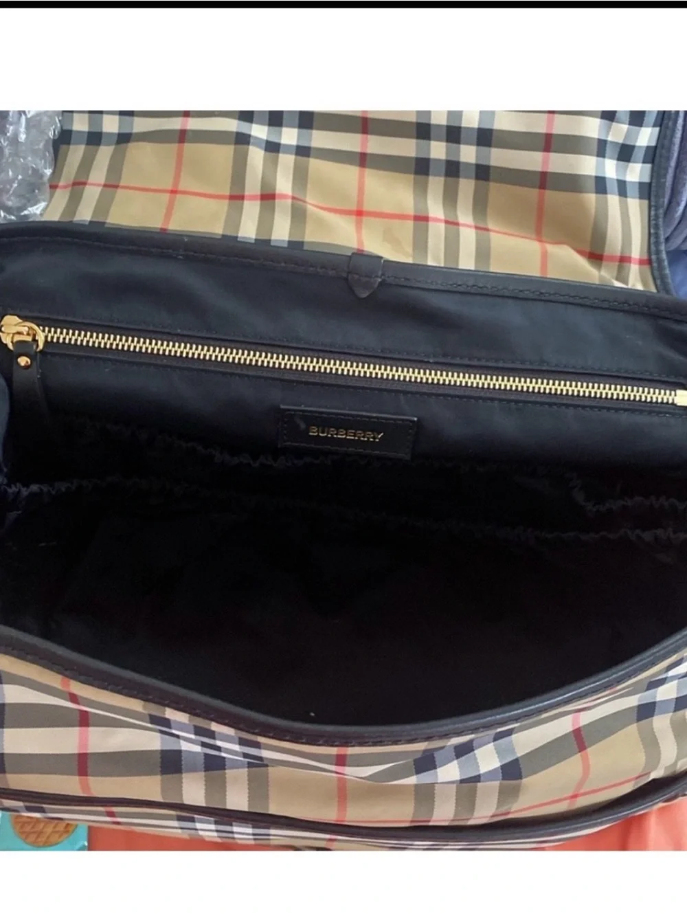 Burberry Beige Check Diaper Bag Bag with Black Trim 100% authentic